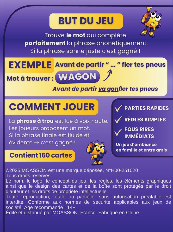 Dos de la boîte MOASSON : but du jeu, exemple et règles